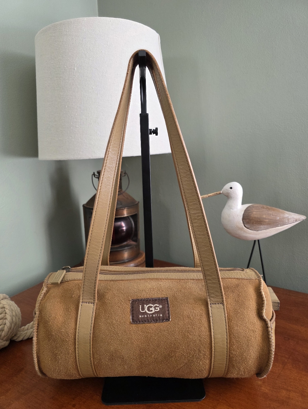 Ugg Australia Shearling Barrel Shoulder Bag Tan Suede Leather Purse Y2k